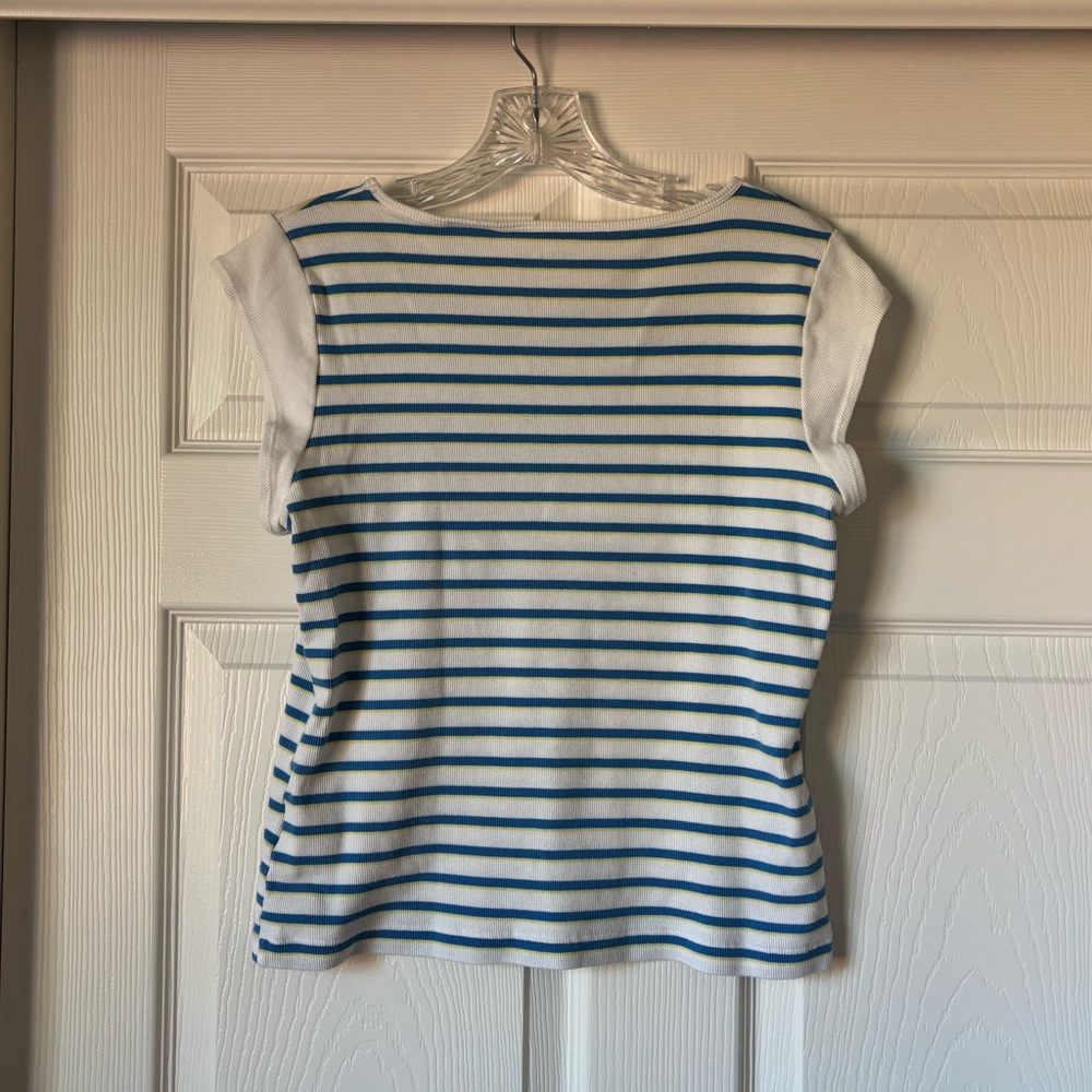 😱 SALE - White Ribbed Tee with Blue and Yellow Stripes - Picture 4 of 4